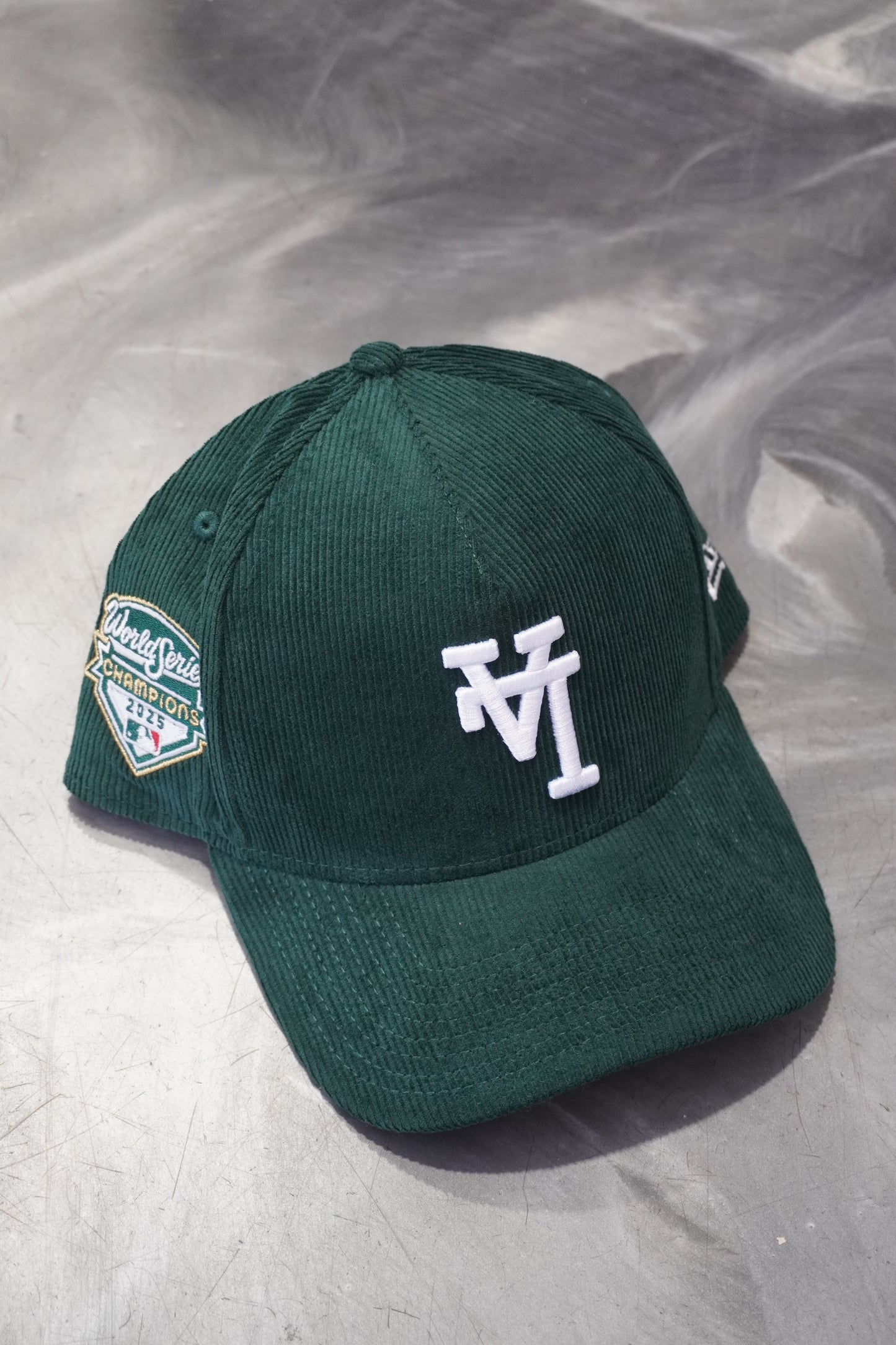 New Era LA Dodgers Corduroy Green UpsideDown Snapback 2025 World Series Side Patch